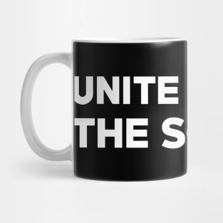 Text: Unite behind the science (small) (white) Mug